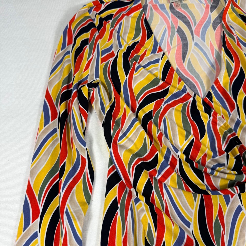J.Crew 2 Faux Wrap Dress Multicolor Abstract Brunch Resort Knee Length Tie Waist - Picture 9 of 16